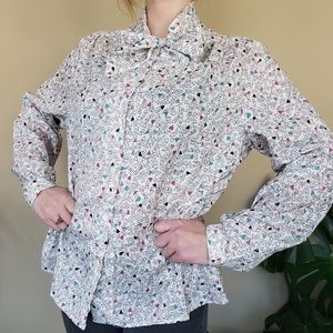 Vintage 70s Geometric Bowtie Neck Blouse